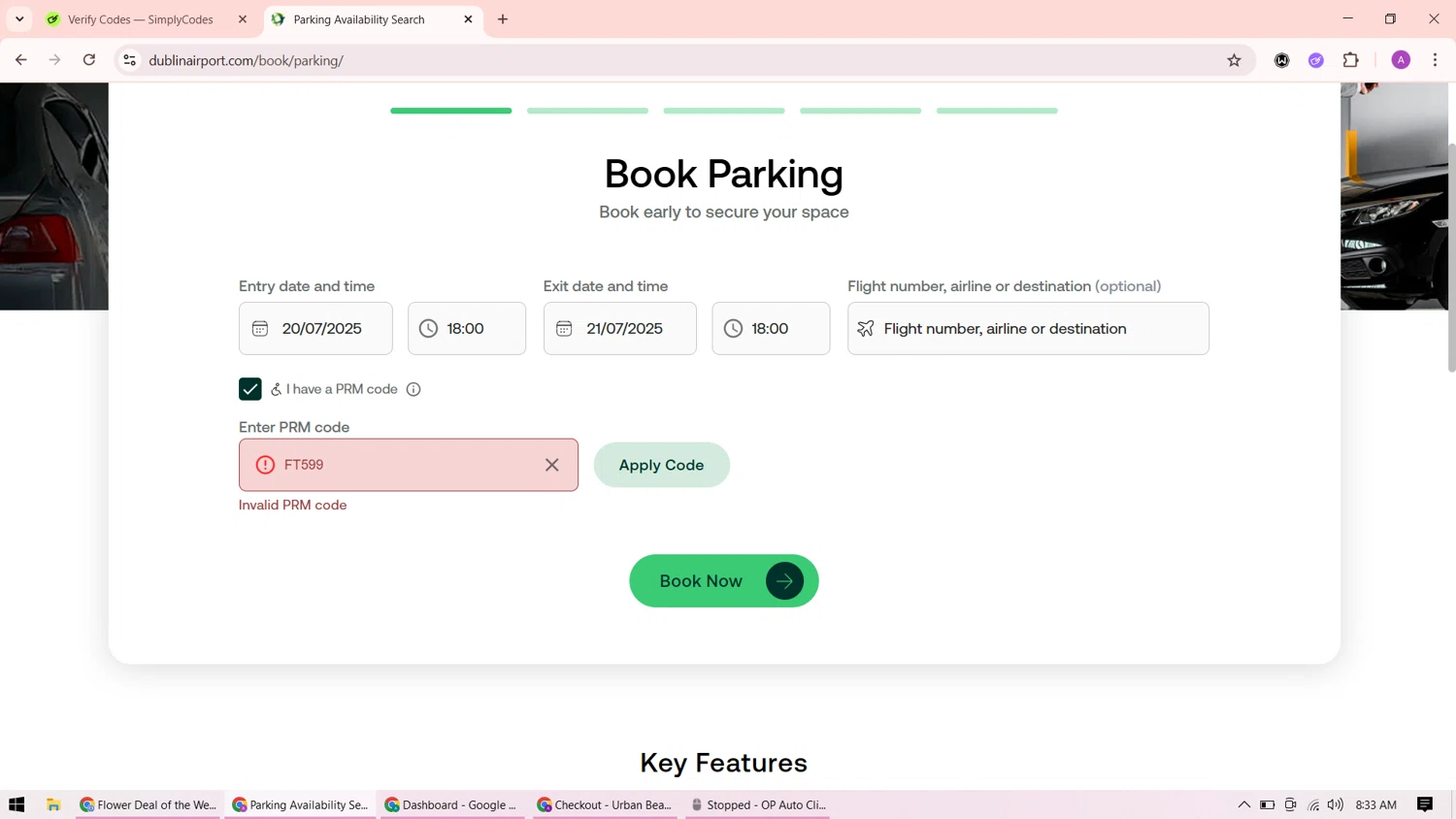 Dublin Airport promo code screenshot showing code FT599 applied at Dublin Airport checkout page. Uploaded by SimplyCodes community member ShrewdMaverick9198 on Jul 20, 2025