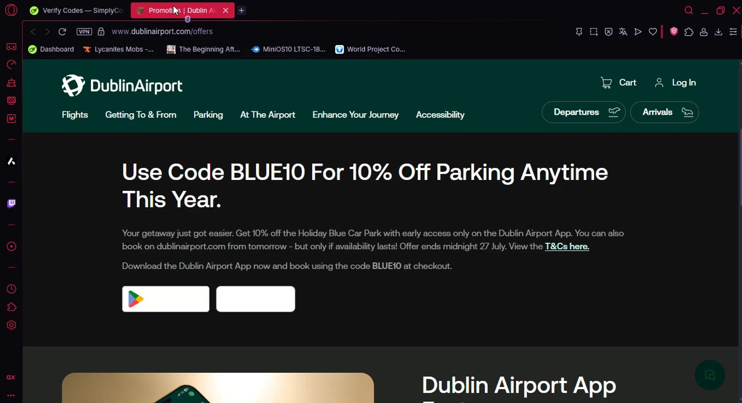Dublin Airport promo code screenshot showing code BLUE10 applied at Dublin Airport checkout page. Uploaded by SimplyCodes community member Ema007 on Jul 21, 2025