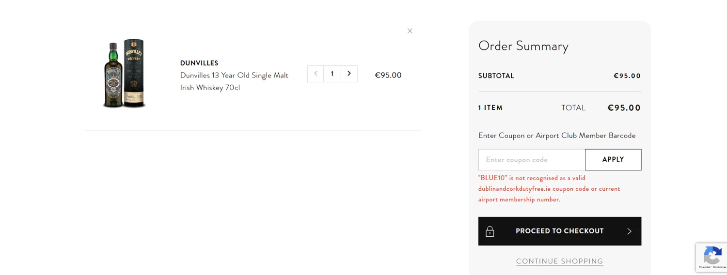 Dublin Airport promo code screenshot showing code BLUE10 applied at Dublin Airport checkout page. Uploaded by SimplyCodes community member Emmanuelyayajuu on Jul 21, 2025