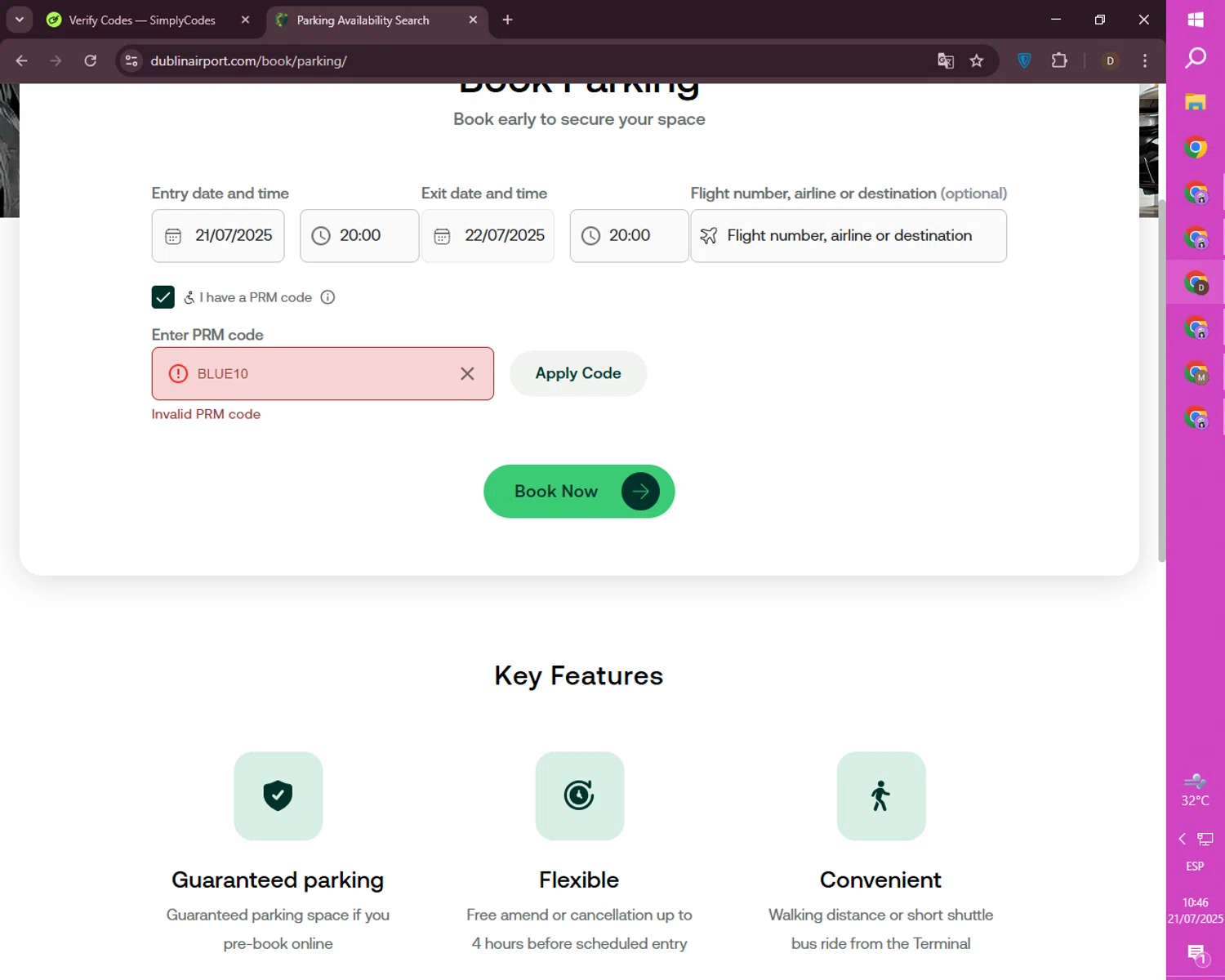 Dublin Airport promo code screenshot showing code BLUE10 applied at Dublin Airport checkout page. Uploaded by SimplyCodes community member mileSalima on Jul 21, 2025