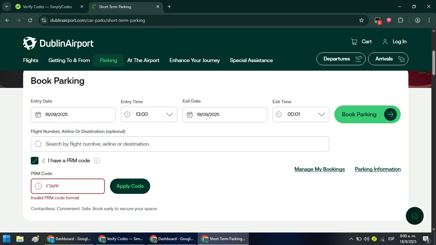 Dublin Airport promo code screenshot showing code FTAPP applied at Dublin Airport checkout page. Uploaded by SimplyCodes community member Chinito0209 on Sep 18, 2025