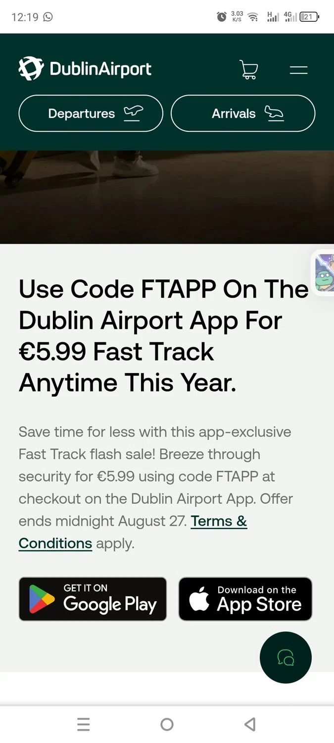 Dublin Airport promo code screenshot showing code FTAPP applied at Dublin Airport checkout page. Uploaded by SimplyCodes community member dayselis15 on Aug 25, 2025