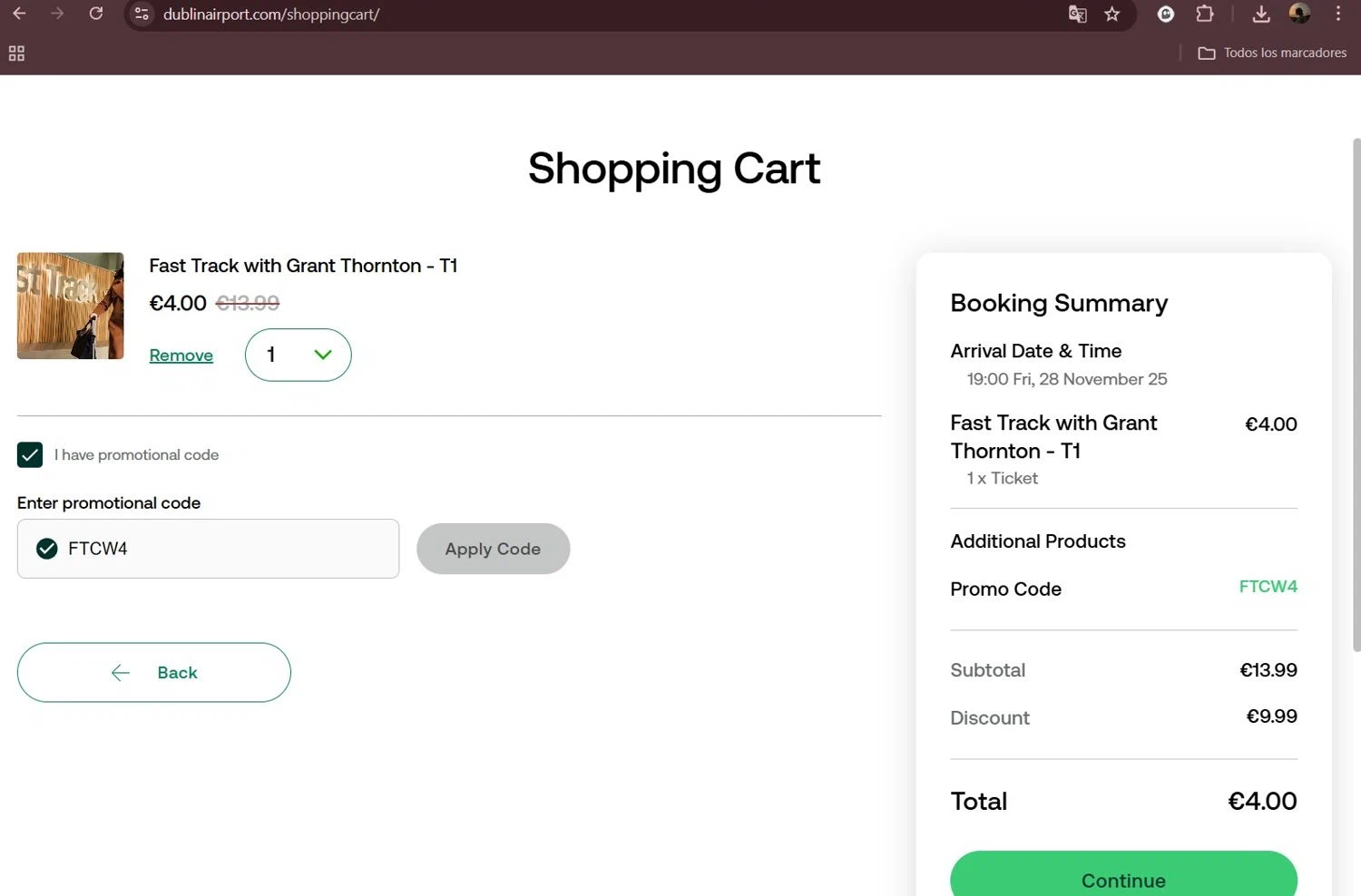 Dublin Airport promo code screenshot showing code FTCW4 applied at Dublin Airport checkout page. Uploaded by SimplyCodes community member Milaya on Nov 28, 2025