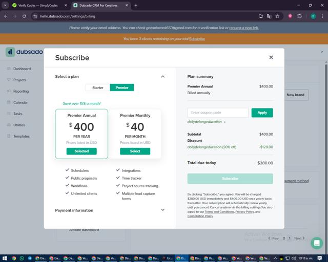 Dubsado checkout page showing Dubsado coupon code box | Screenshot taken by SimplyCodes community member on Sep 10, 2025