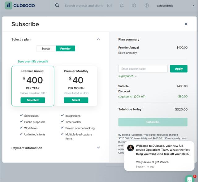 Dubsado checkout page showing Dubsado coupon code box | Screenshot taken by SimplyCodes community member on Sep 14, 2025