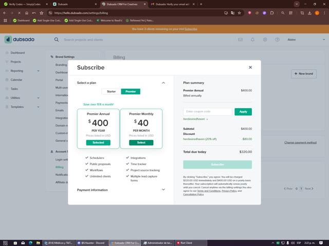 Dubsado checkout page showing Dubsado coupon code box | Screenshot taken by SimplyCodes community member on Sep 14, 2025