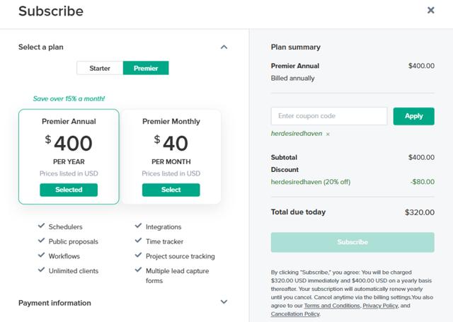 Dubsado checkout page showing Dubsado coupon code box | Screenshot taken by SimplyCodes community member on Sep 10, 2025