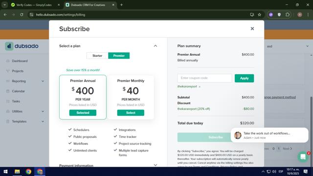 Dubsado checkout page showing Dubsado coupon code box | Screenshot taken by SimplyCodes community member on Sep 10, 2025
