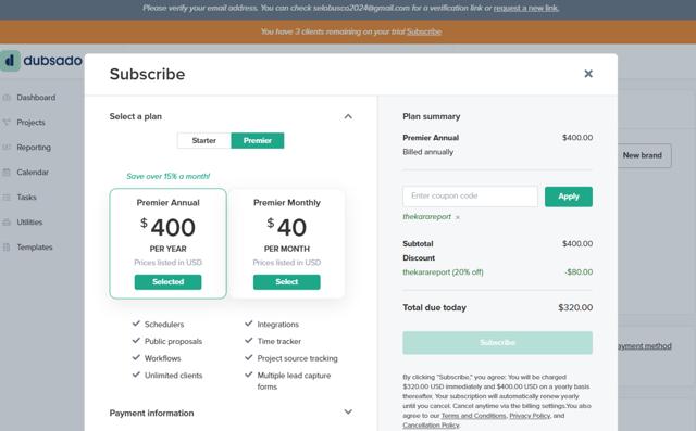 Dubsado checkout page showing Dubsado coupon code box | Screenshot taken by SimplyCodes community member on Sep 14, 2025