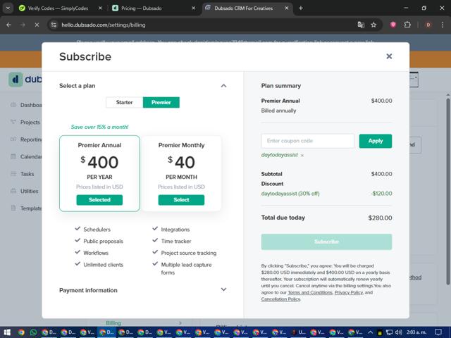 Dubsado checkout page showing Dubsado coupon code box | Screenshot taken by SimplyCodes community member on Sep 15, 2025