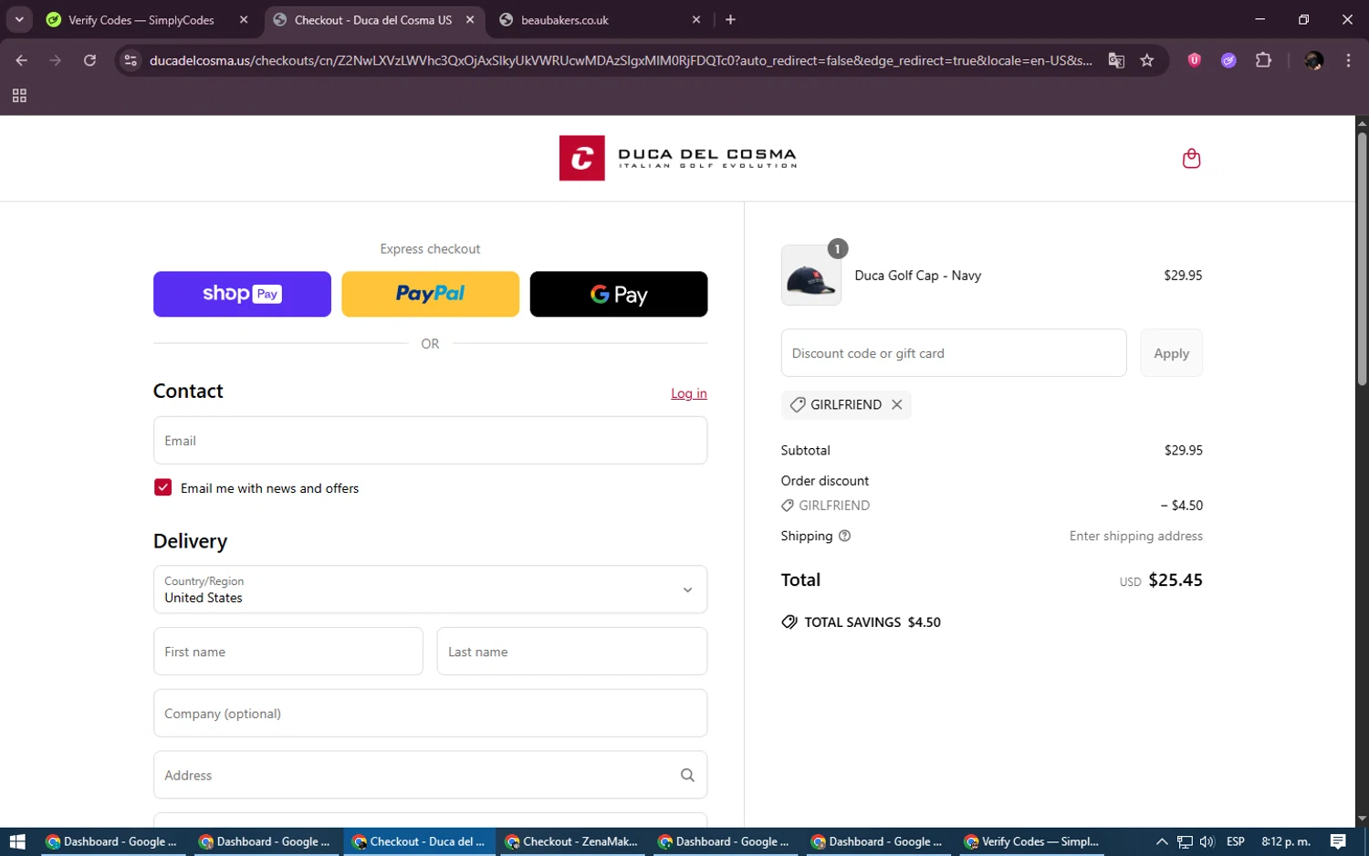 Duca Del Cosma US promo code screenshot showing code GIRLFRIEND applied at Duca Del Cosma US checkout page. Uploaded by SimplyCodes community member ExtraordinaryVirtuoso6801 on Jun 19, 2025