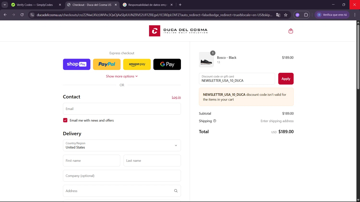 Duca Del Cosma US promo code screenshot showing code NEWSLETTER_USA_10_DUCA applied at Duca Del Cosma US checkout page. Uploaded by SimplyCodes community member ExtraordinaryWhiz4519 on Jul 7, 2025
