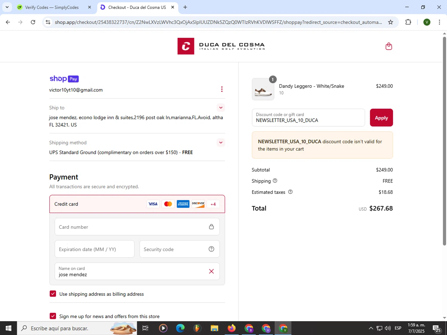 Duca Del Cosma US promo code screenshot showing code NEWSLETTER_USA_10_DUCA applied at Duca Del Cosma US checkout page. Uploaded by SimplyCodes community member PrimeWizard4168 on Jul 7, 2025