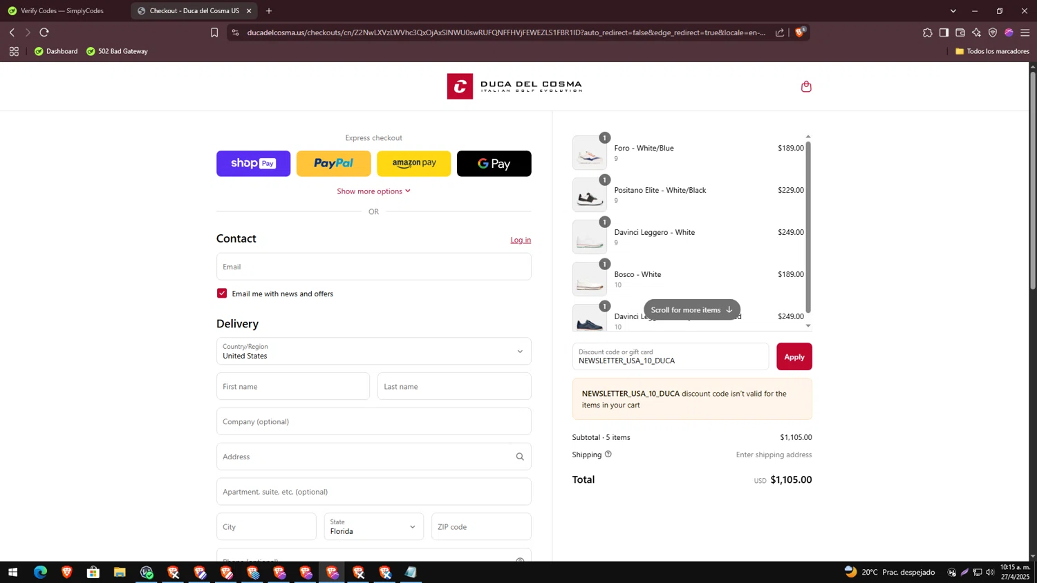Duca Del Cosma US promo code screenshot showing code NEWSLETTER_USA_10_DUCA applied at Duca Del Cosma US checkout page. Uploaded by SimplyCodes community member CodeKnight1040 on Apr 27, 2025
