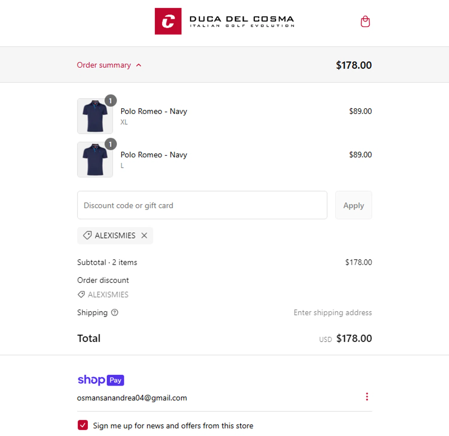 Duca Del Cosma US promo code screenshot showing code ALEXISMIES applied at Duca Del Cosma US checkout page. Uploaded by SimplyCodes community member ElonMusk on Feb 24, 2025