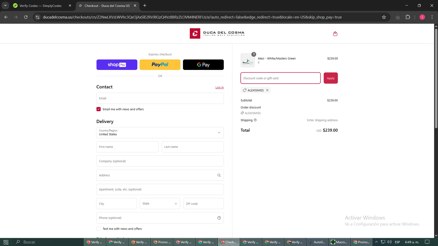 Duca Del Cosma US promo code screenshot showing code ALEXISMIES applied at Duca Del Cosma US checkout page. Uploaded by SimplyCodes community member SmartAce4137 on Mar 25, 2025