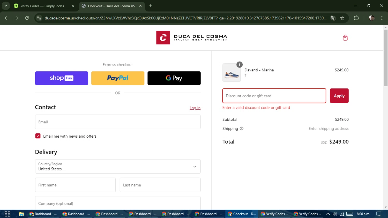 Duca Del Cosma US promo code screenshot showing code EXTRA10 applied at Duca Del Cosma US checkout page. Uploaded by SimplyCodes community member DiscountSeeker682 on Feb 15, 2025