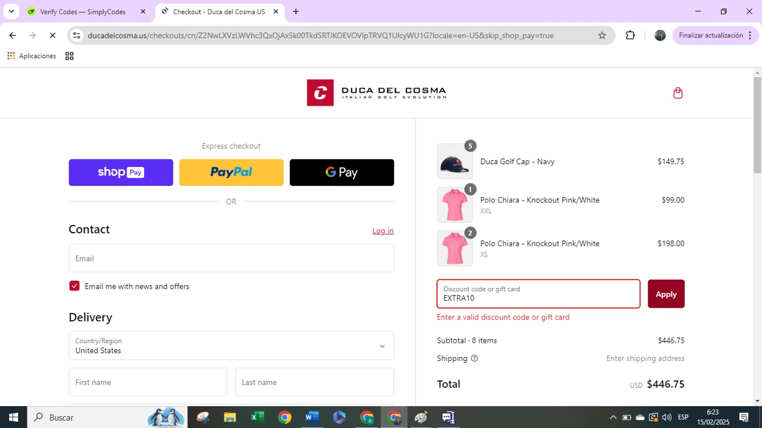 Duca Del Cosma US promo code screenshot showing code EXTRA10 applied at Duca Del Cosma US checkout page. Uploaded by SimplyCodes community member TreasureSleuth3665 on Feb 15, 2025