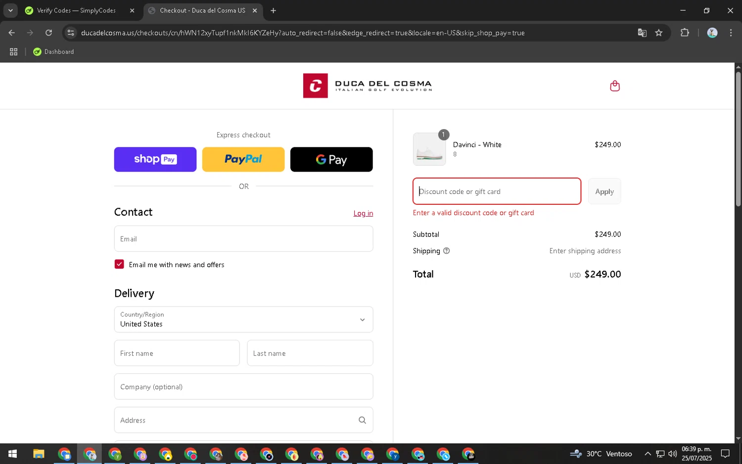 Duca Del Cosma US promo code screenshot showing code LINKS25 applied at Duca Del Cosma US checkout page. Uploaded by SimplyCodes community member CleverRanger7308 on Jul 25, 2025