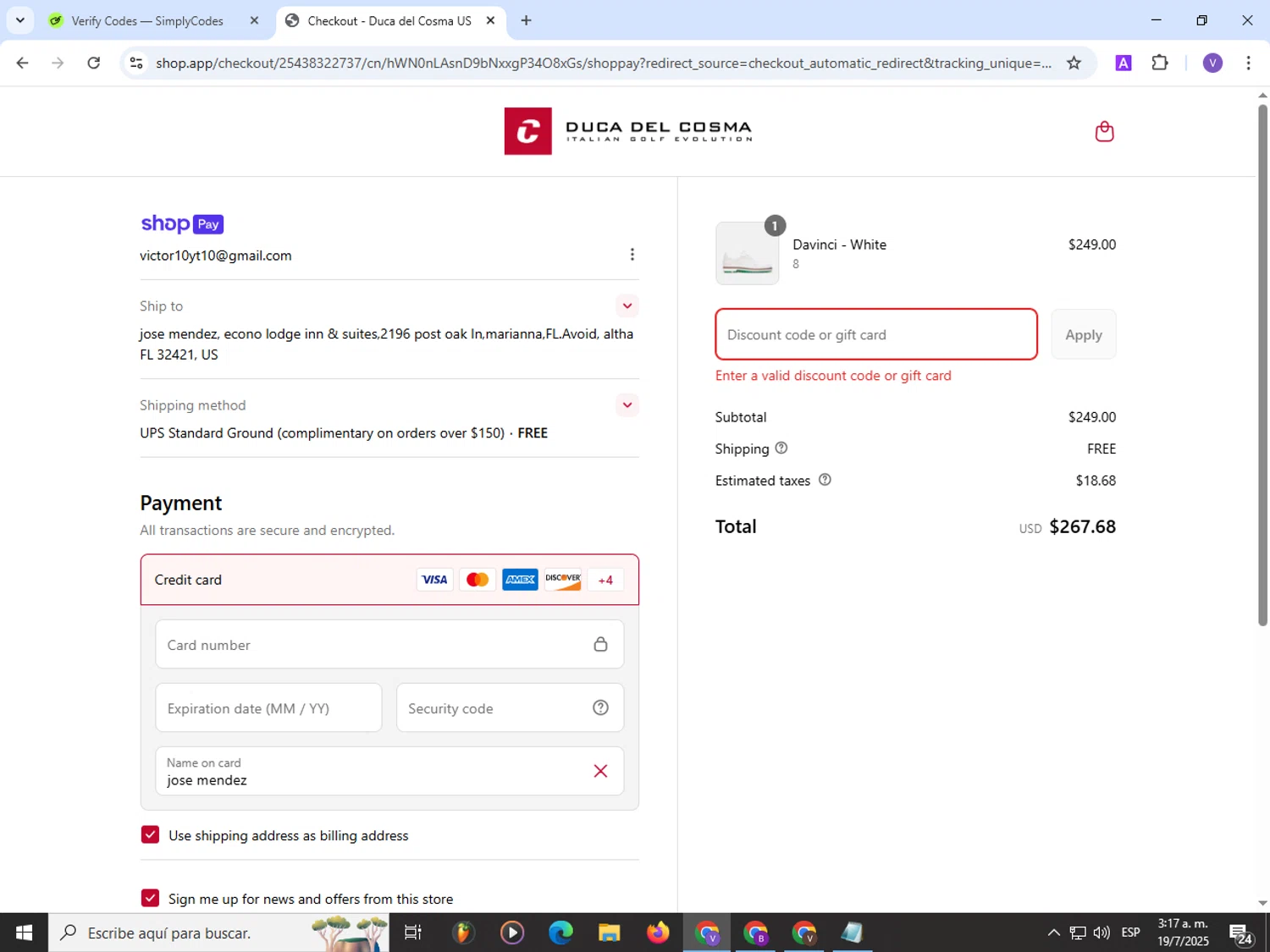 Duca Del Cosma US promo code screenshot showing code LINKS25 applied at Duca Del Cosma US checkout page. Uploaded by SimplyCodes community member Satoru_gojo on Jul 19, 2025