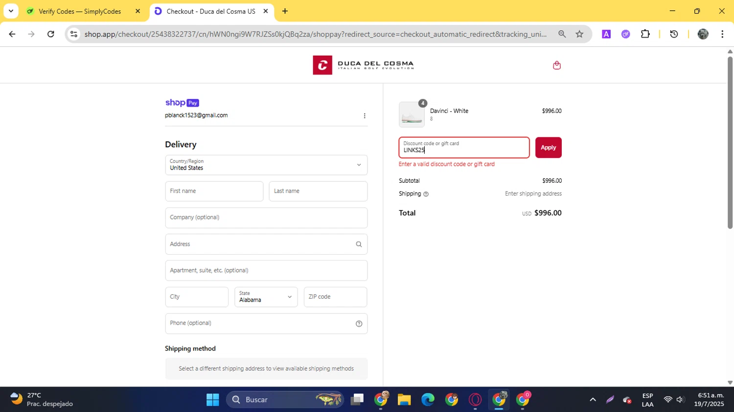Duca Del Cosma US promo code screenshot showing code LINKS25 applied at Duca Del Cosma US checkout page. Uploaded by SimplyCodes community member YunoMaria on Jul 19, 2025