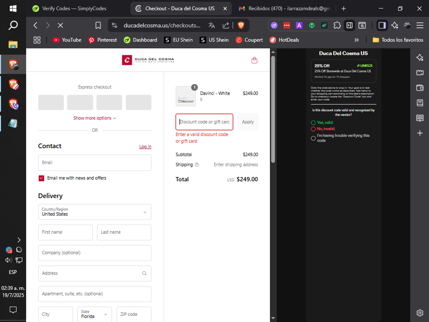 Duca Del Cosma US promo code screenshot showing code LINKS25 applied at Duca Del Cosma US checkout page. Uploaded by SimplyCodes community member ilaMiguel on Jul 19, 2025