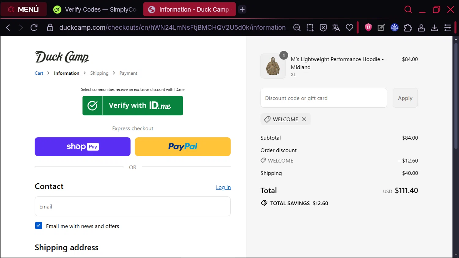 Duck Camp discount code screenshot showing code WELCOME applied at Duck Camp checkout page. Uploaded by SimplyCodes community member RewardLion134 on Aug 21, 2025