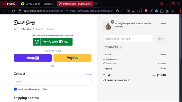 Duck Camp checkout page showing Duck Camp discount code box | Screenshot taken by SimplyCodes community member on Aug 21, 2025