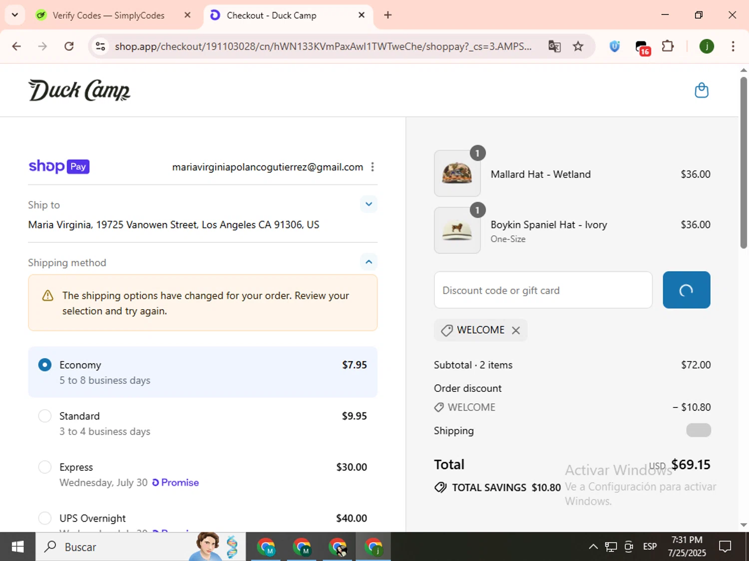 Duck Camp discount code screenshot showing code WELCOME applied at Duck Camp checkout page. Uploaded by SimplyCodes community member SavingsCollector2592 on Jul 25, 2025