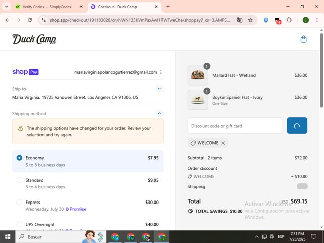 Duck Camp checkout page showing Duck Camp discount code box | Screenshot taken by SimplyCodes community member on Jul 25, 2025