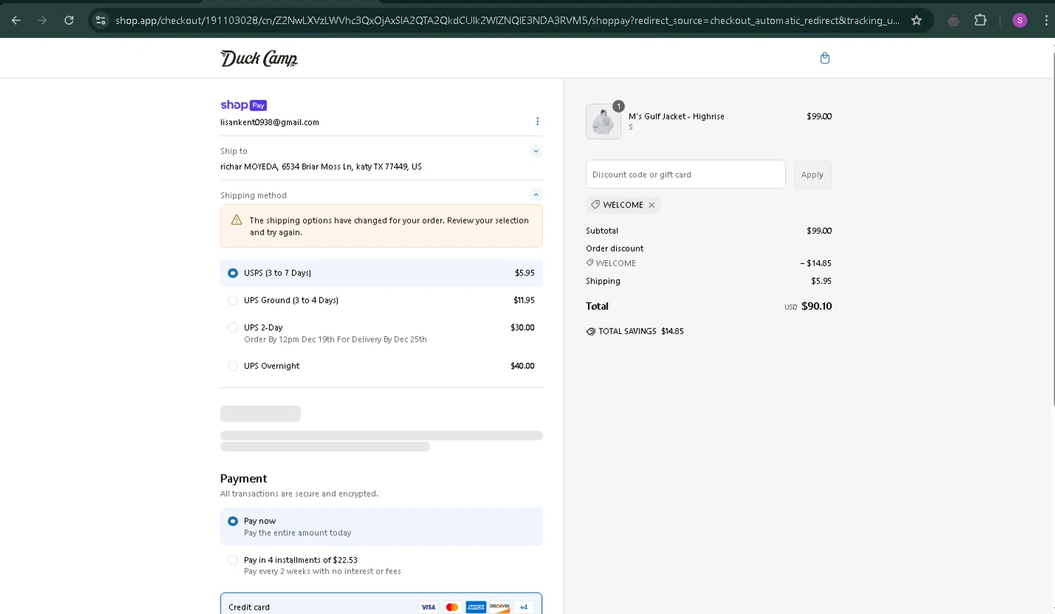 Duck Camp discount code screenshot showing code WELCOME applied at Duck Camp checkout page. Uploaded by SimplyCodes community member sakisaki on Mar 12, 2025