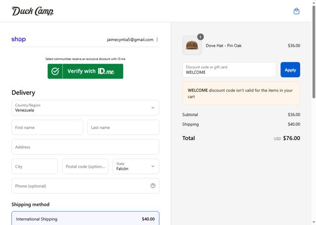 Duck Camp checkout page showing Duck Camp discount code box | Screenshot taken by SimplyCodes community member on Sep 8, 2025