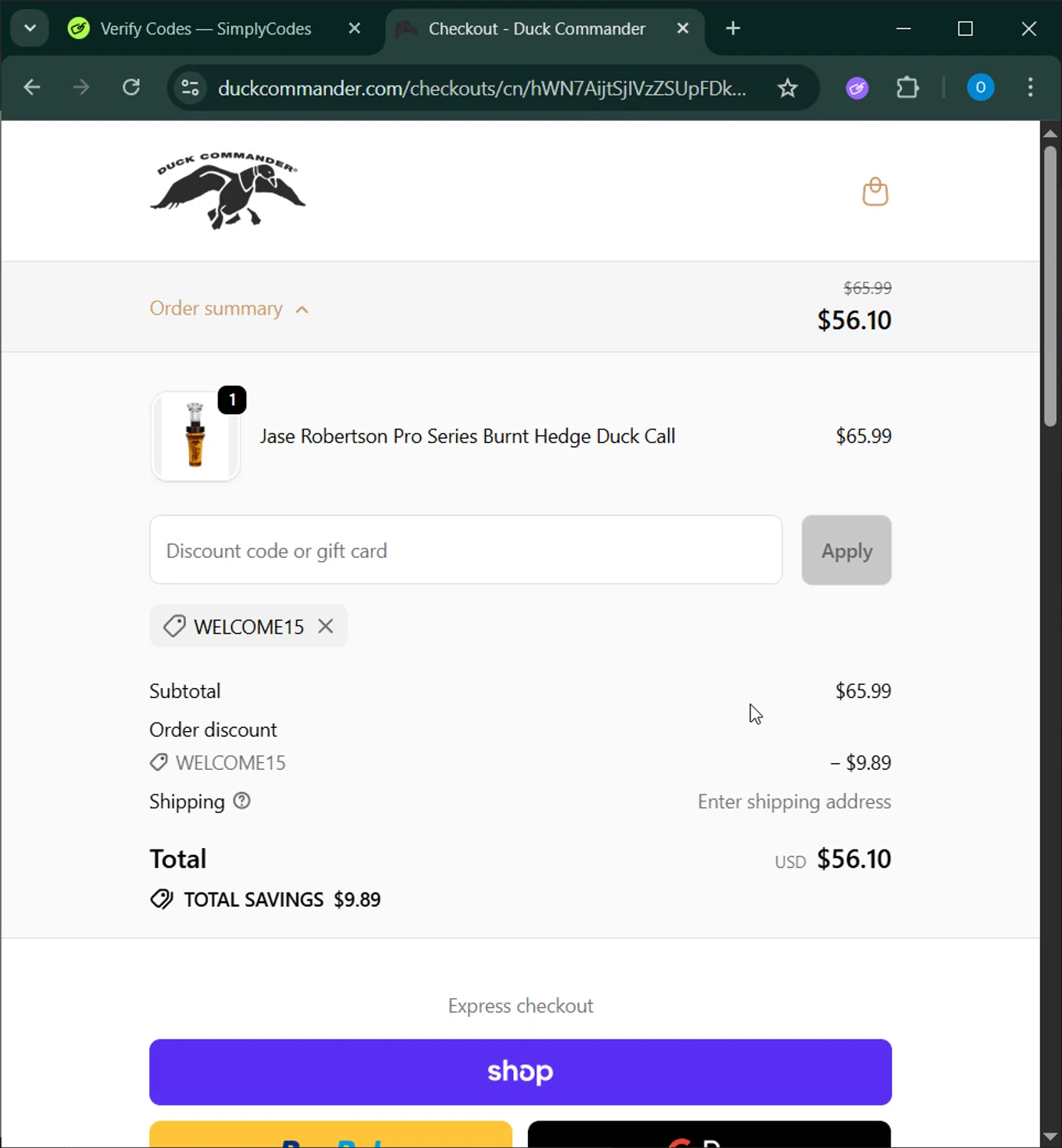 Duck Commander promo code screenshot showing code WELCOME15 applied at Duck Commander checkout page. Uploaded by SimplyCodes community member _____________ on Jan 3, 2026