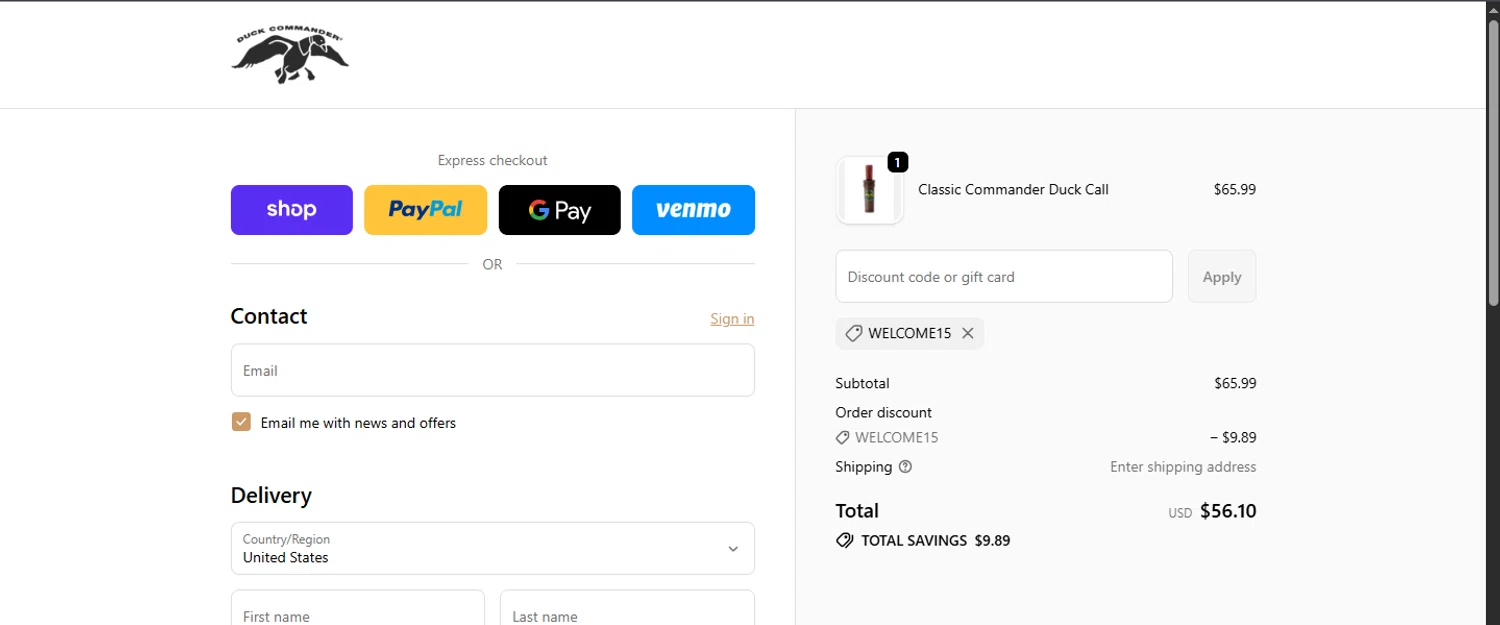 Duck Commander promo code screenshot showing code WELCOME15 applied at Duck Commander checkout page. Uploaded by SimplyCodes community member CouponRanger9482 on Nov 10, 2025