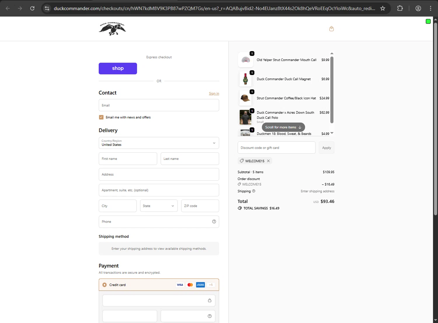 Duck Commander promo code screenshot showing code WELCOME15 applied at Duck Commander checkout page. Uploaded by SimplyCodes community member RINITOSHI on Jan 18, 2026