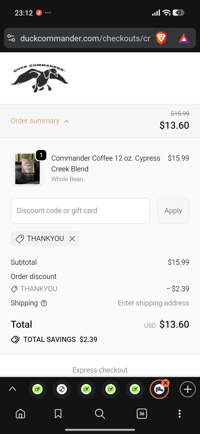 Duck Commander promo code screenshot showing code THANKYOU applied at Duck Commander checkout page. Uploaded by SimplyCodes community member Dejadepicharme on Dec 6, 2025
