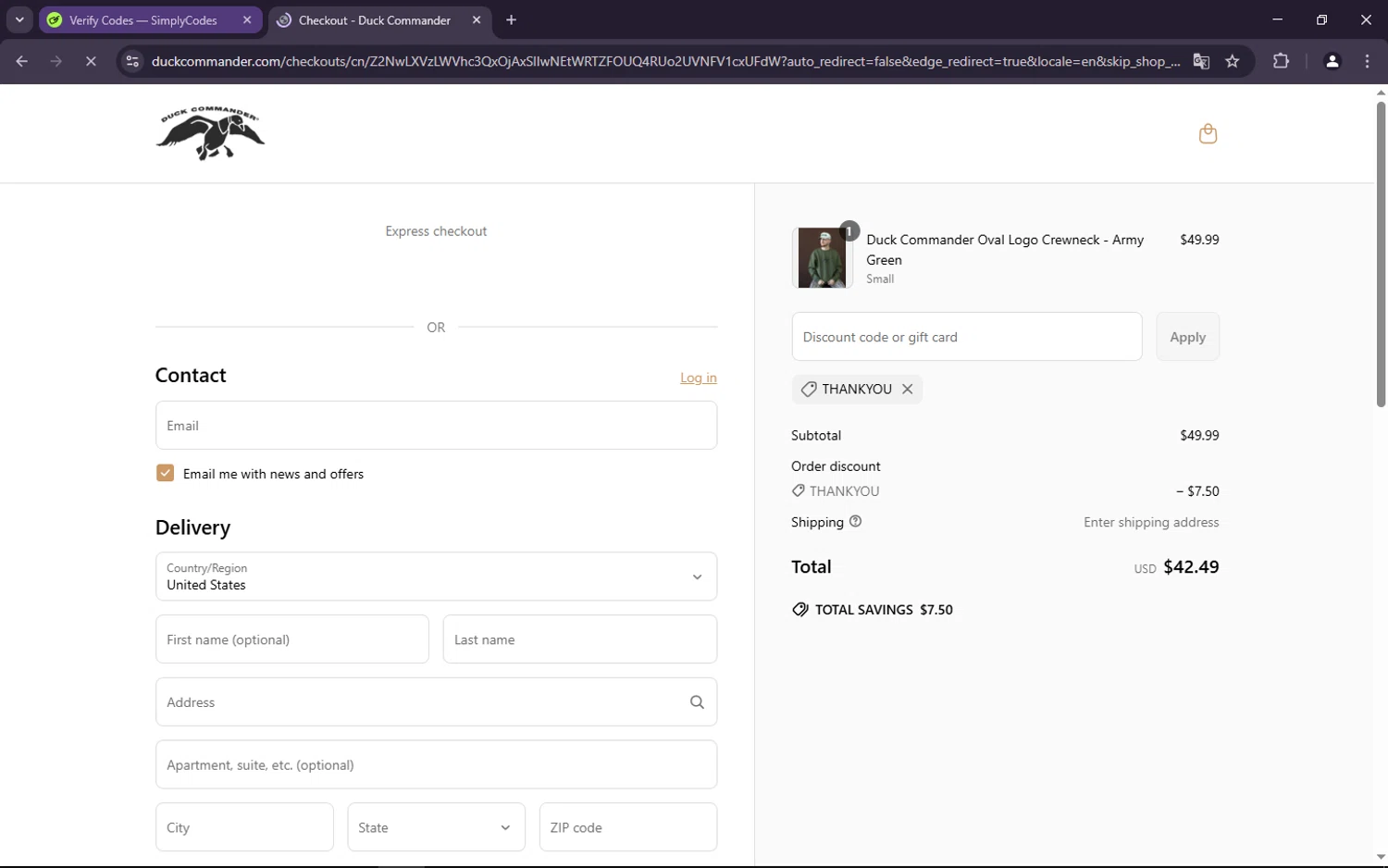 Duck Commander promo code screenshot showing code THANKYOU applied at Duck Commander checkout page. Uploaded by SimplyCodes community member Hanamichi on Apr 4, 2025