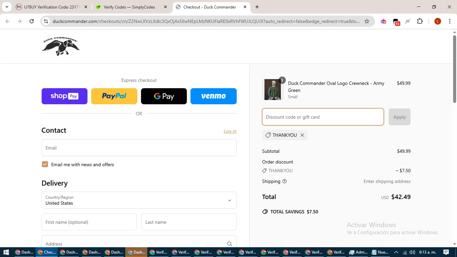 Duck Commander promo code screenshot showing code THANKYOU applied at Duck Commander checkout page. Uploaded by SimplyCodes community member BonusHero9692 on Apr 4, 2025
