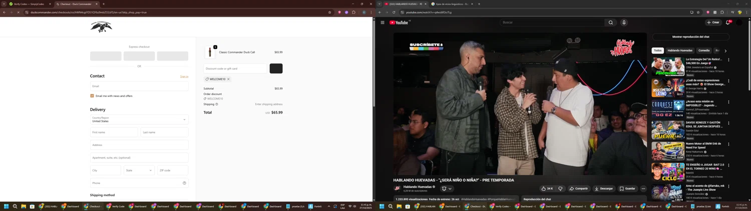 Duck Commander promo code screenshot showing code WELCOME10 applied at Duck Commander checkout page. Uploaded by SimplyCodes community member GloriousPioneer2942 on Oct 28, 2025