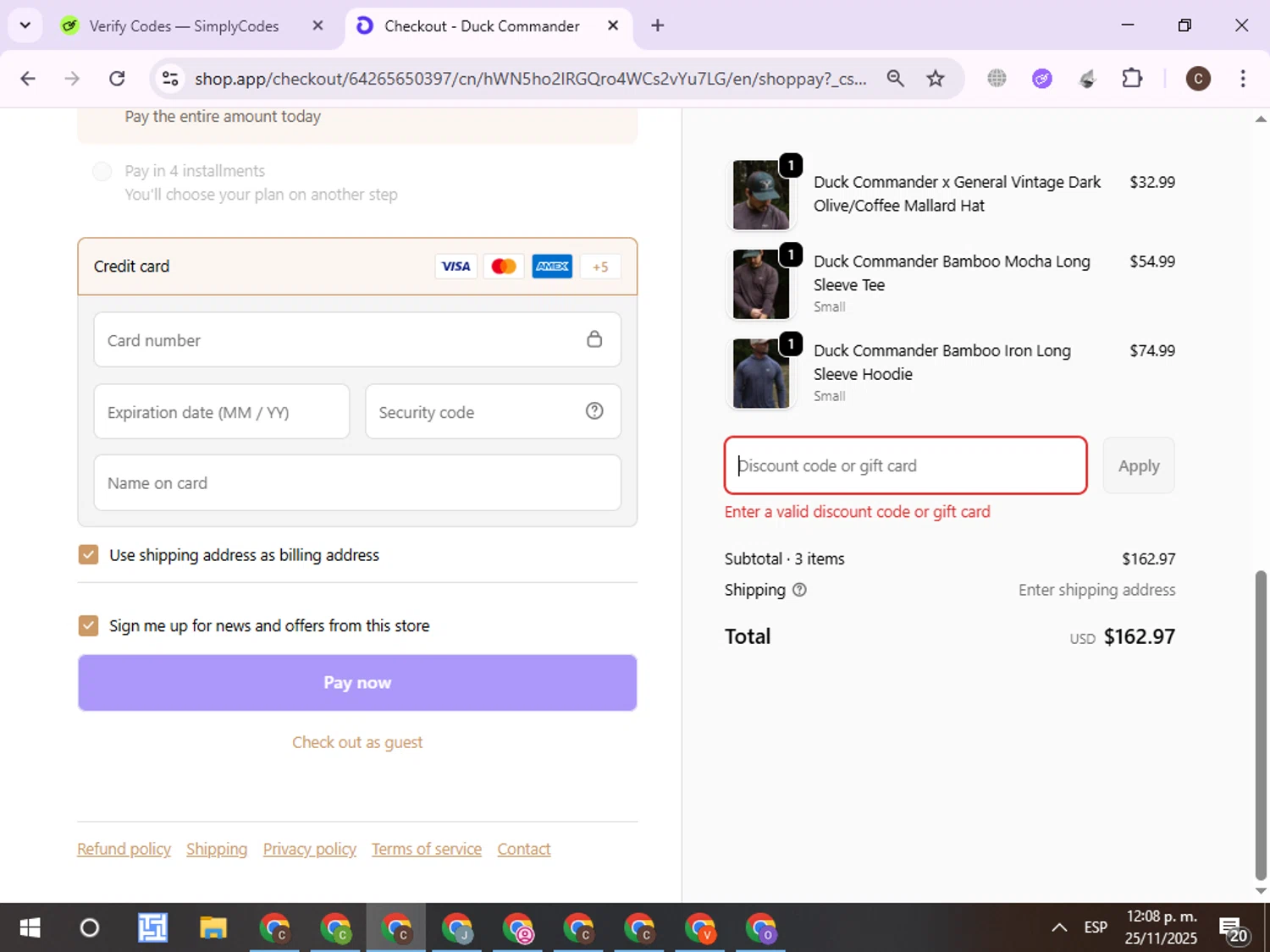 Duck Commander promo code screenshot showing code MAYHAW applied at Duck Commander checkout page. Uploaded by SimplyCodes community member ExtraordinaryPro8536 on Nov 25, 2025