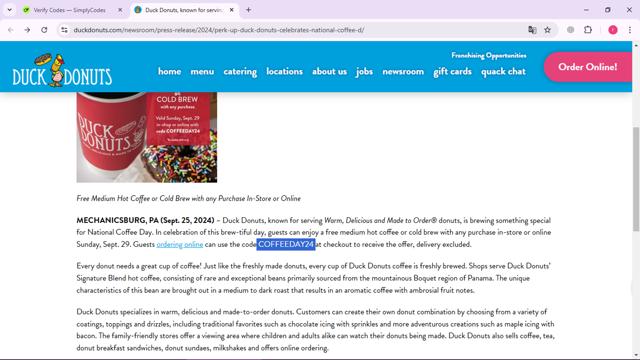 Duck Donuts checkout page showing Duck Donuts promo code box | Screenshot taken by SimplyCodes community member on Oct 28, 2024