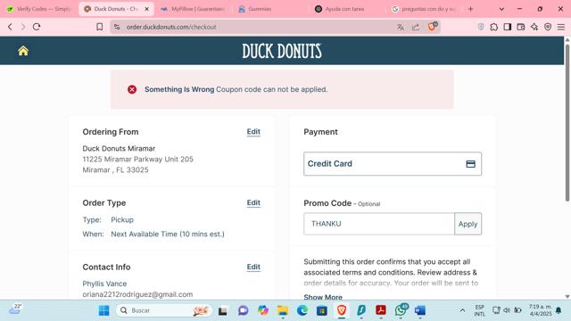 Duck Donuts checkout page showing Duck Donuts promo code box | Screenshot taken by SimplyCodes community member on Apr 4, 2025