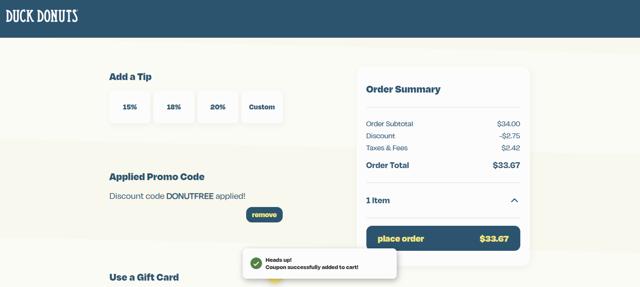 Duck Donuts checkout page showing Duck Donuts promo code box | Screenshot taken by SimplyCodes community member on Jun 14, 2025