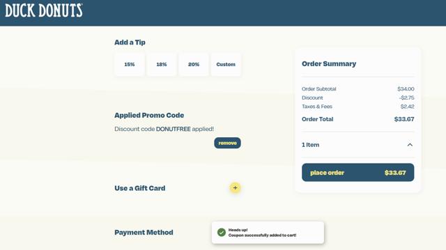 Duck Donuts checkout page showing Duck Donuts promo code box | Screenshot taken by SimplyCodes community member on Jun 7, 2025