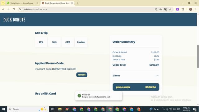 Duck Donuts checkout page showing Duck Donuts promo code box | Screenshot taken by SimplyCodes community member on Jun 3, 2025