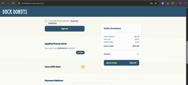 Duck Donuts checkout page showing Duck Donuts promo code box | Screenshot taken by SimplyCodes community member on Jul 23, 2025