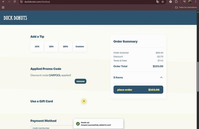 Duck Donuts checkout page showing Duck Donuts promo code box | Screenshot taken by SimplyCodes community member on Sep 5, 2025