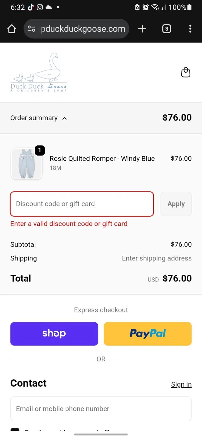 Duck Duck Goose promo code screenshot showing code SHOPSMALL applied at Duck Duck Goose checkout page. Uploaded by SimplyCodes community member miguelcrast on Dec 5, 2025