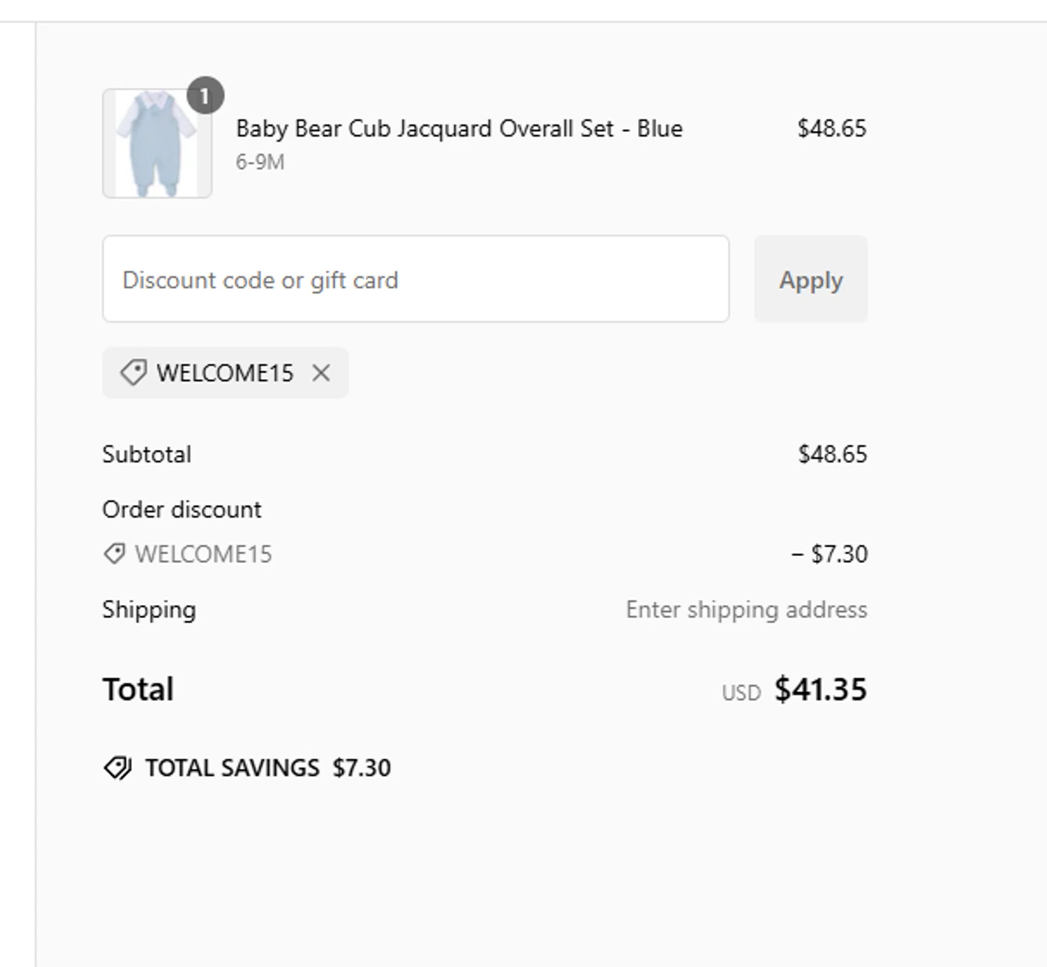 Duck Duck Goose promo code screenshot showing code WELCOME15 applied at Duck Duck Goose checkout page. Uploaded by SimplyCodes community member CrownSleuth7125 on Jan 4, 2025