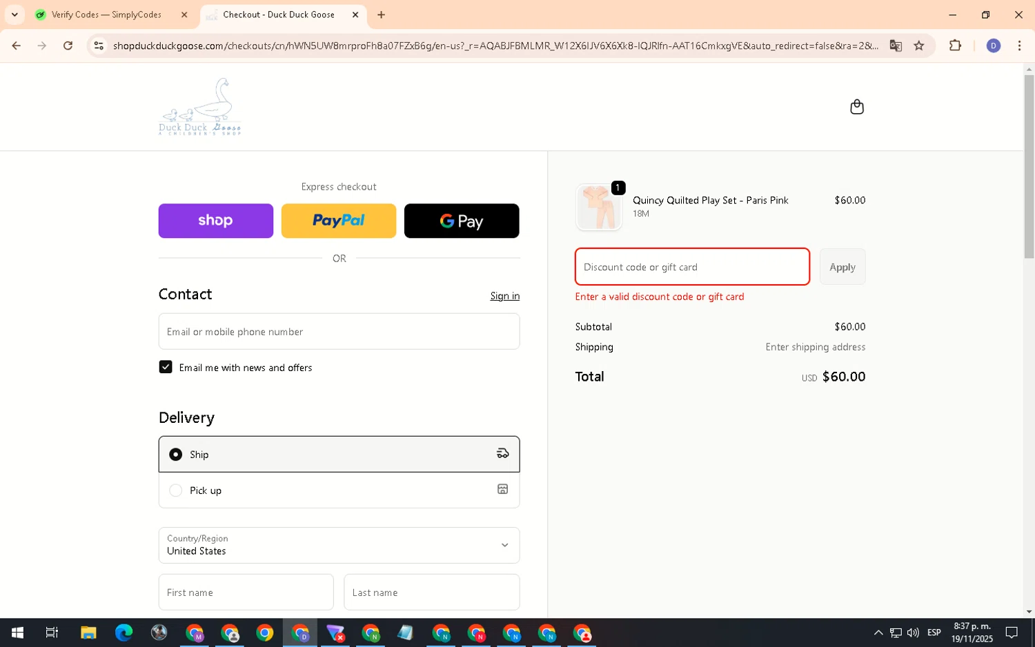 Duck Duck Goose promo code screenshot showing code SNOWDAY applied at Duck Duck Goose checkout page. Uploaded by SimplyCodes community member PennyCurator6489 on Nov 20, 2025